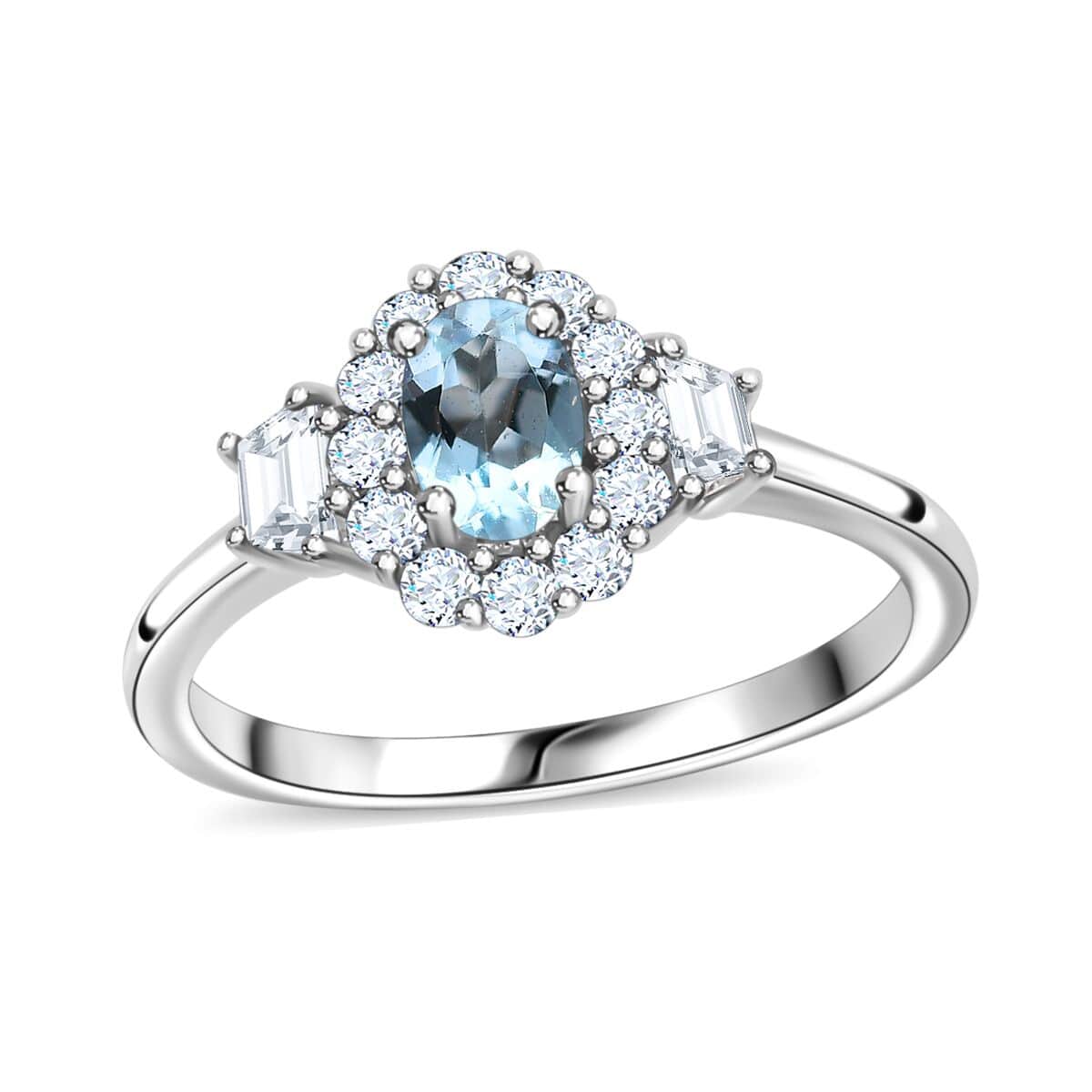 Premium Mangoro Aquamarine and White Zircon Halo Ring in Platinum Over Sterling Silver (Size 7.0) 1.10 ctw image number 0