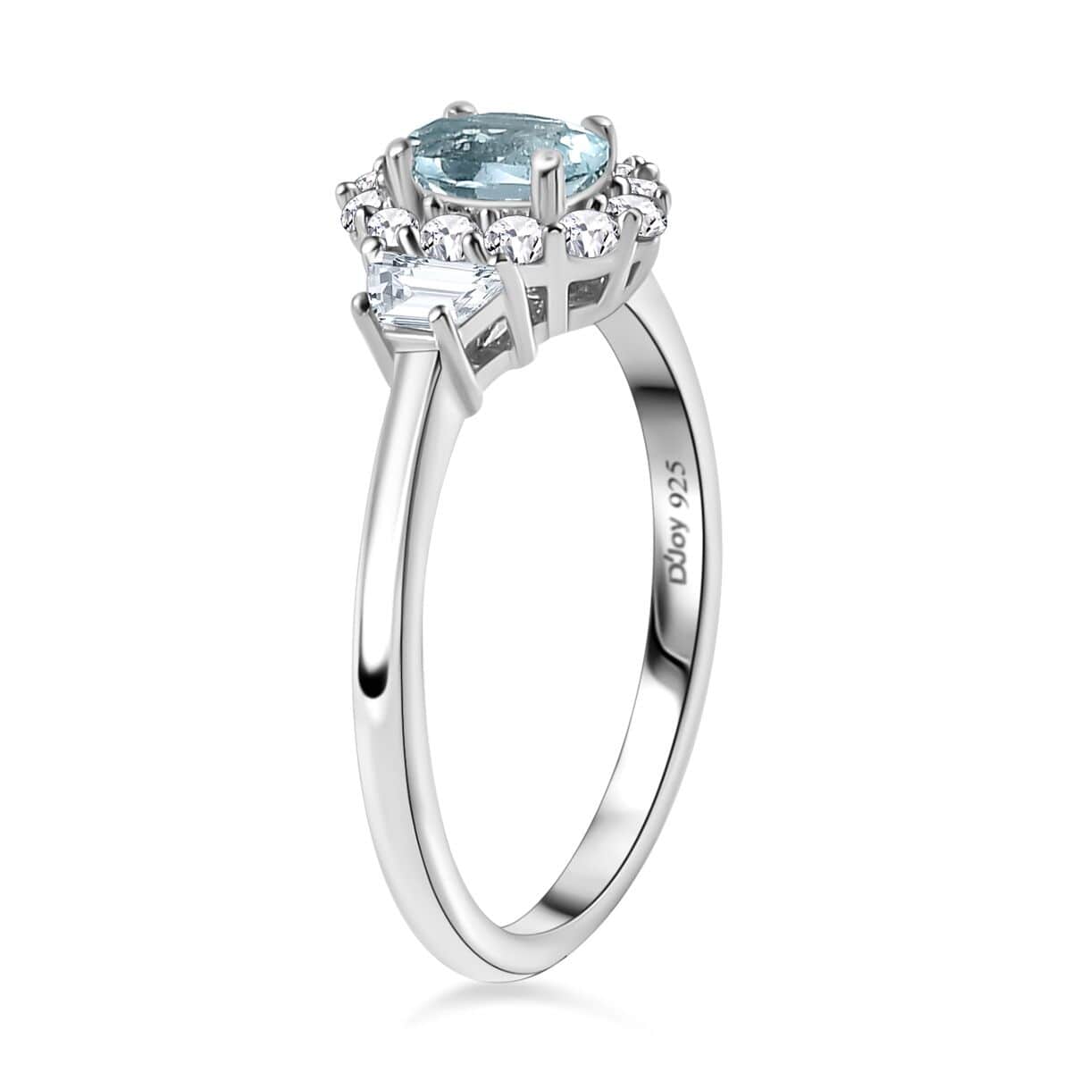 Premium Mangoro Aquamarine and White Zircon Halo Ring in Platinum Over Sterling Silver (Size 7.0) 1.10 ctw image number 3