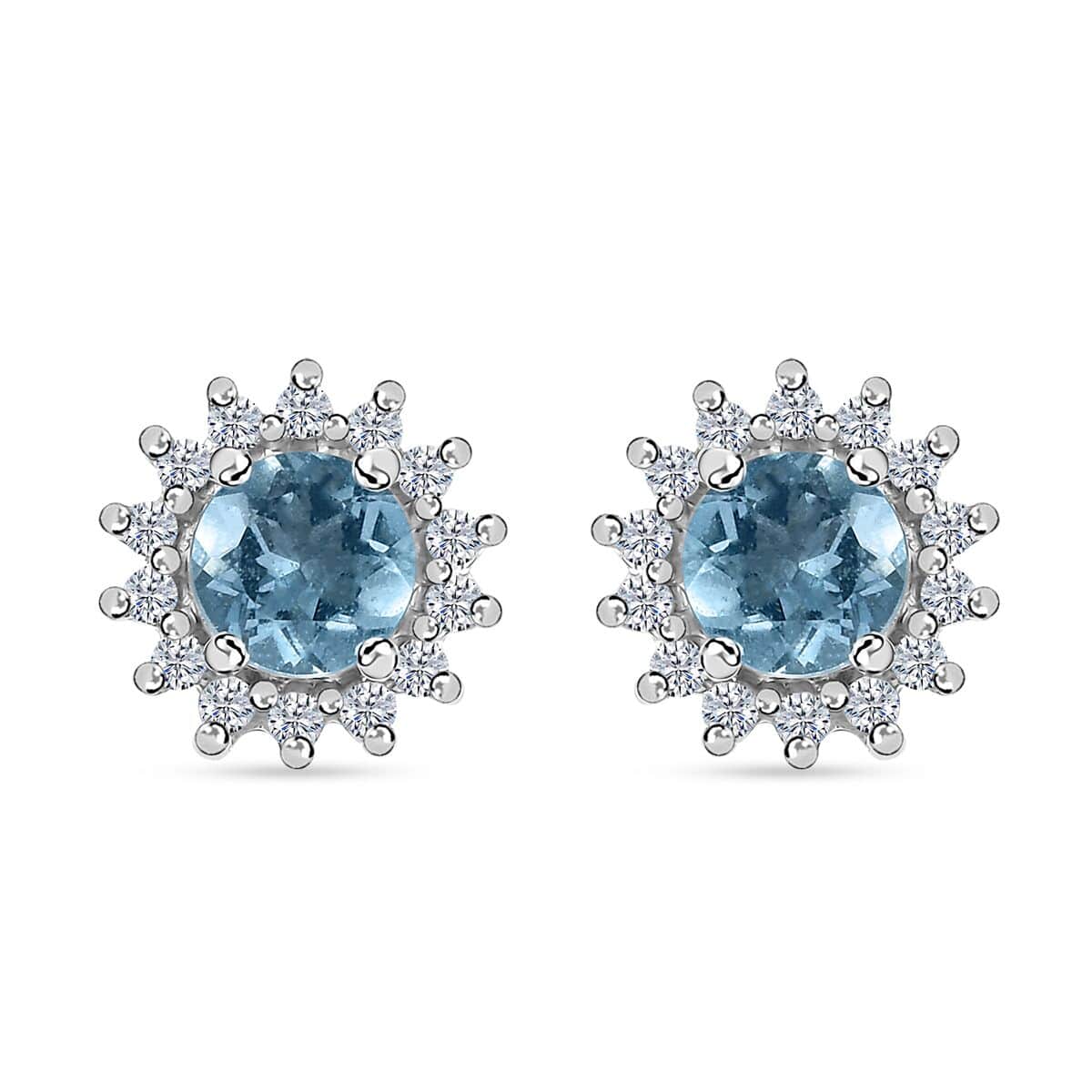 Premium Mangoro Aquamarine and White Zircon 1.15 ctw Sunburst Halo Earrings in Platinum Over Sterling Silver image number 0