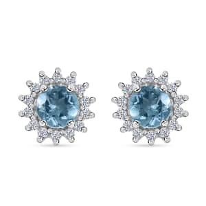 Premium Mangoro Aquamarine and White Zircon 1.15 ctw Sunburst Halo Earrings in Platinum Over Sterling Silver