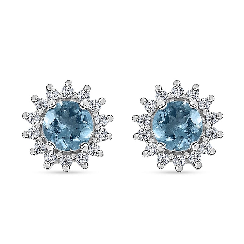 Premium Mangoro Aquamarine and White Zircon 1.15 ctw Sunburst Halo Earrings in Platinum Over Sterling Silver