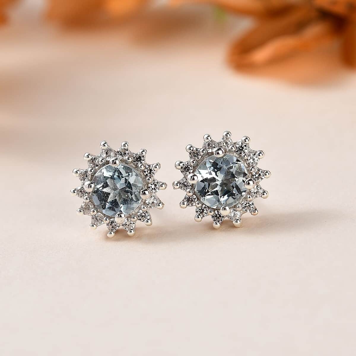 Premium Mangoro Aquamarine and White Zircon 1.15 ctw Sunburst Halo Earrings in Platinum Over Sterling Silver image number 1