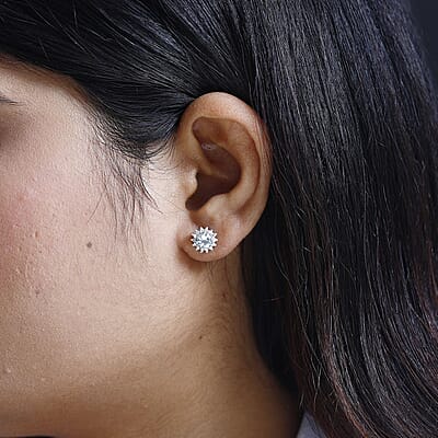 Premium Mangoro Aquamarine and White Zircon 1.15 ctw Sunburst Halo Earrings in Platinum Over Sterling Silver