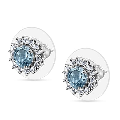 Premium Mangoro Aquamarine and White Zircon 1.15 ctw Sunburst Halo Earrings in Platinum Over Sterling Silver