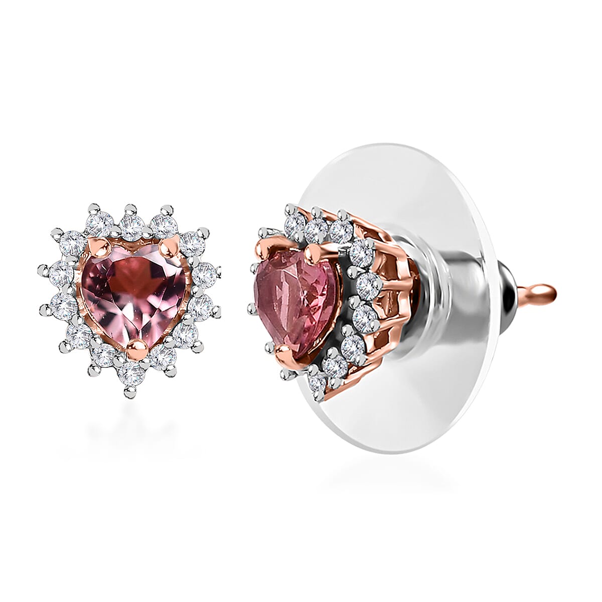 Blush Tourmaline and Diamond Heart Stud Earrings in Vermeil Rose Gold Over Sterling Silver 0.65 ctw
