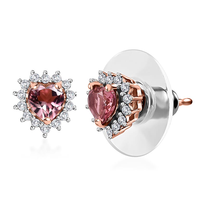 Blush Tourmaline and Diamond Heart Stud Earrings in Vermeil Rose Gold Over Sterling Silver 0.65 ctw