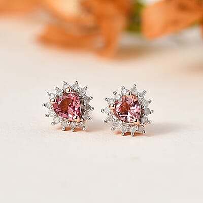 Blush Tourmaline and Diamond Heart Stud Earrings in Vermeil Rose Gold Over Sterling Silver 0.65 ctw