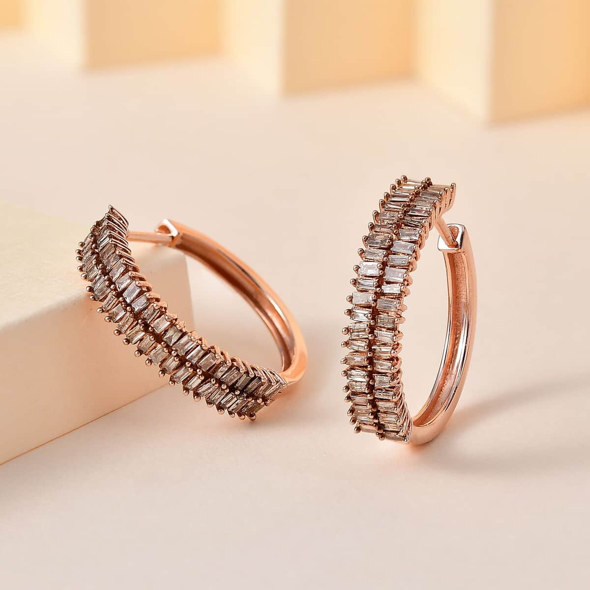 Natural Champagne Diamond Hoop Earrings in Vermeil Rose Gold Over Sterling Silver 1.00 ctw image number 1