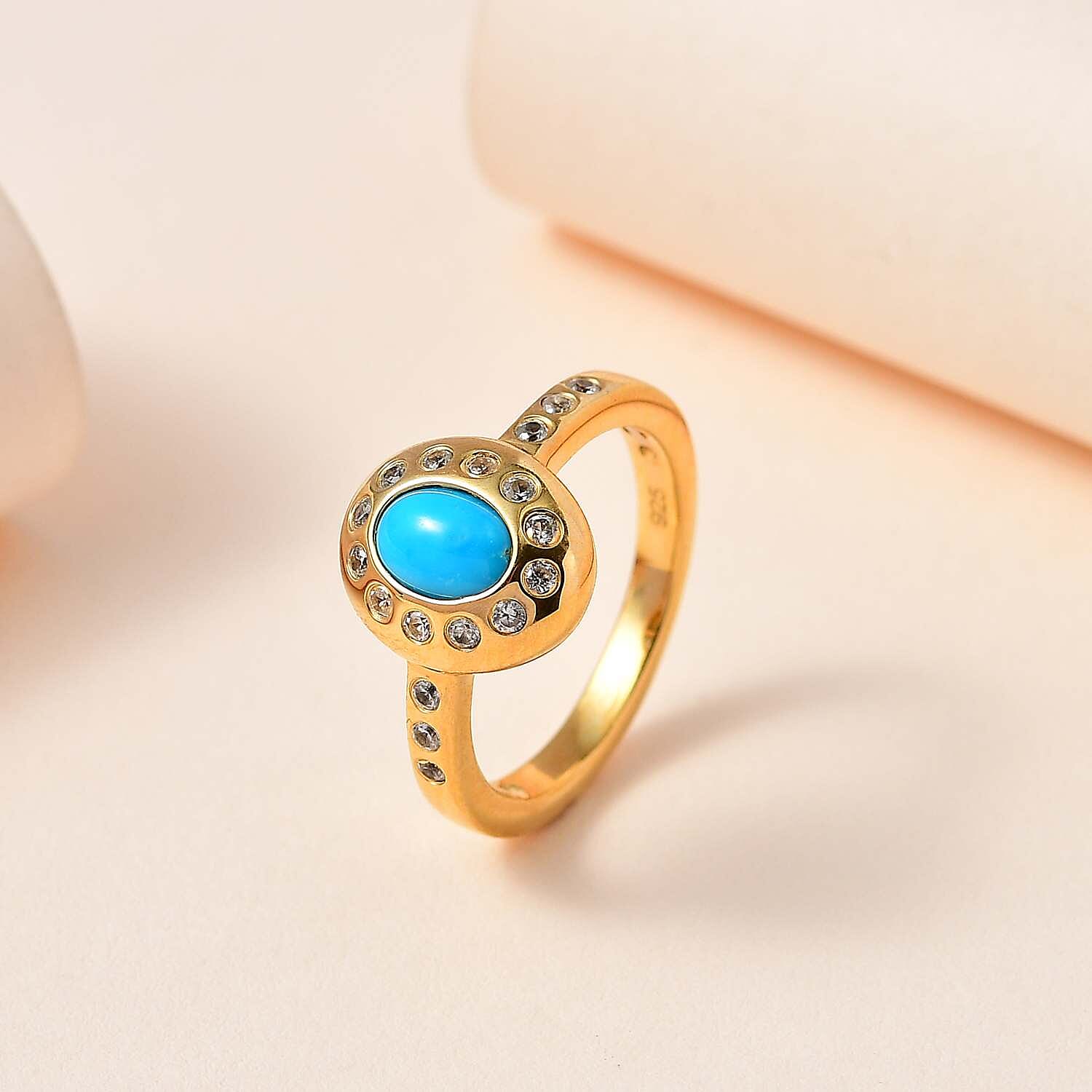 Sleeping Beauty Turquoise and White Zircon 1.15 ctw Ring in Vermeil YG Over Sterling Silver (Size 11.5)