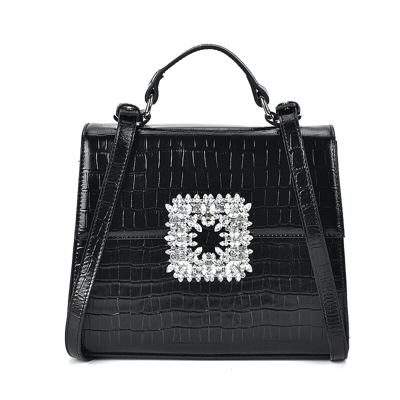 Black Crocodile Embossed Genuine Leather Crossbody Bag with Handle Drop and Shoulder Strap