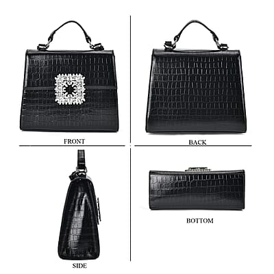 Black Crocodile Embossed Genuine Leather Crossbody Bag with Handle Drop and Shoulder Strap