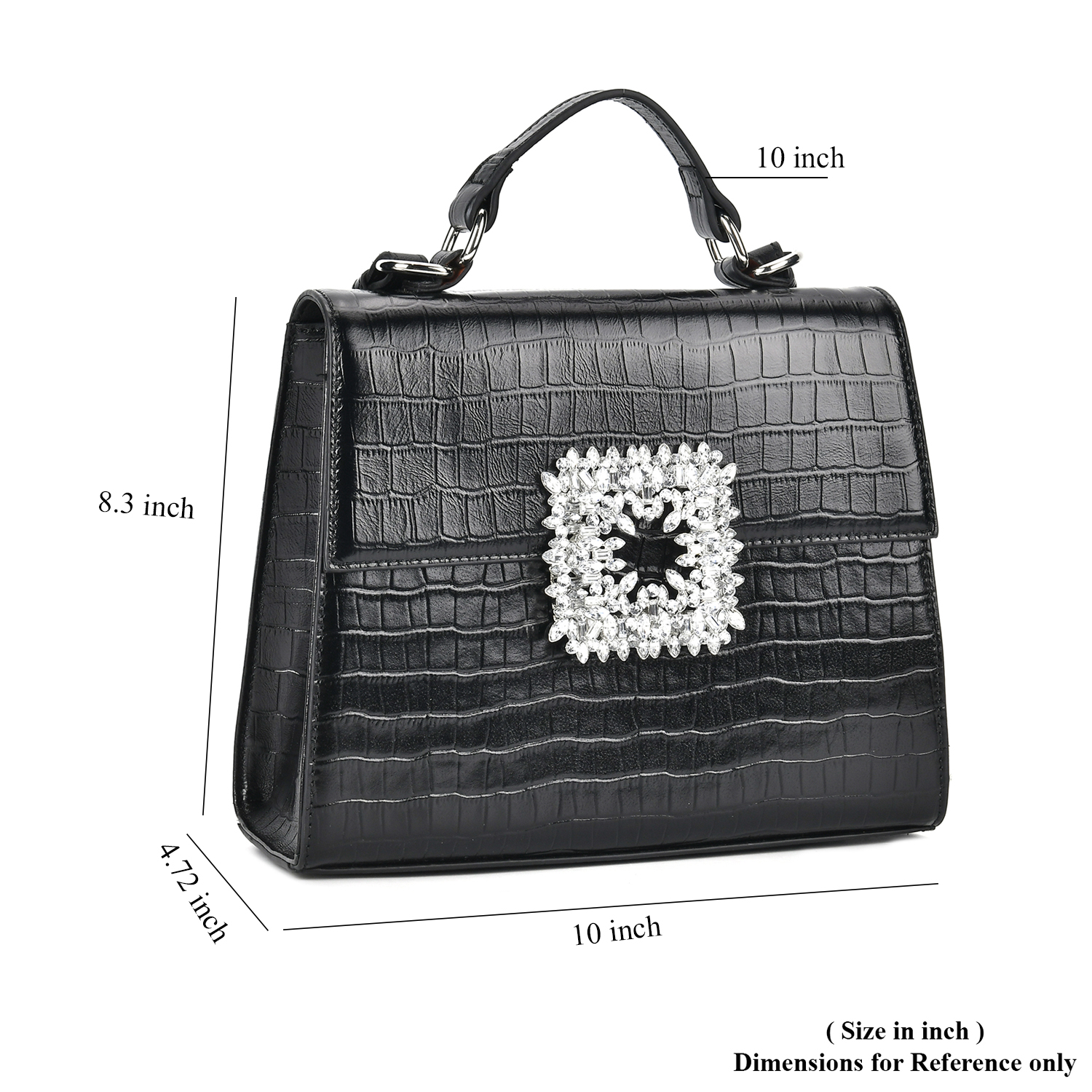 Black Crocodile Embossed Genuine Leather Crossbody Bag with Handle Drop and Shoulder Strap