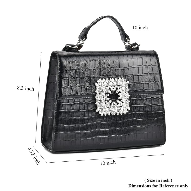 Black Crocodile Embossed Genuine Leather Crossbody Bag with Handle Drop and Shoulder Strap