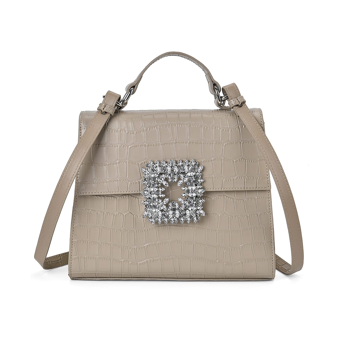 Khaki Crocodile Embossed Genuine Leather Crossbody Bag with Handle Drop and Shoulder Strap image number 0