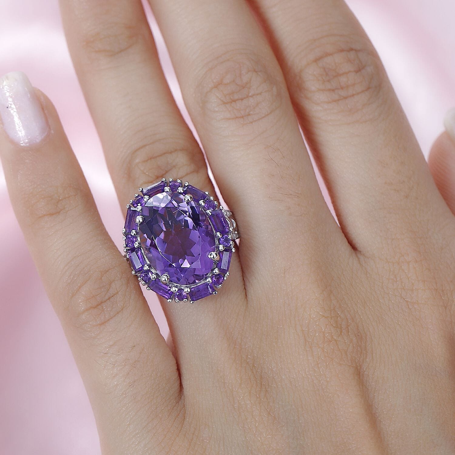 African Amethyst and White Zircon 10.75 ctw Halo Ring in Platinum Over Sterling Silver (Size 10.0)