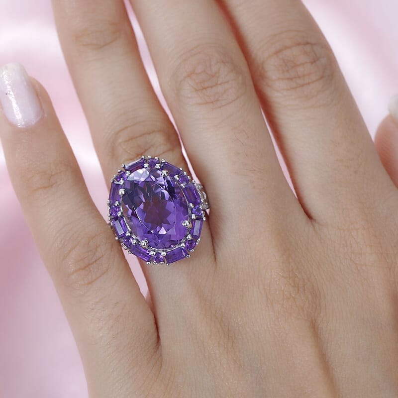 African Amethyst and White Zircon 10.75 ctw Halo Ring in Platinum Over Sterling Silver (Size 10.0)