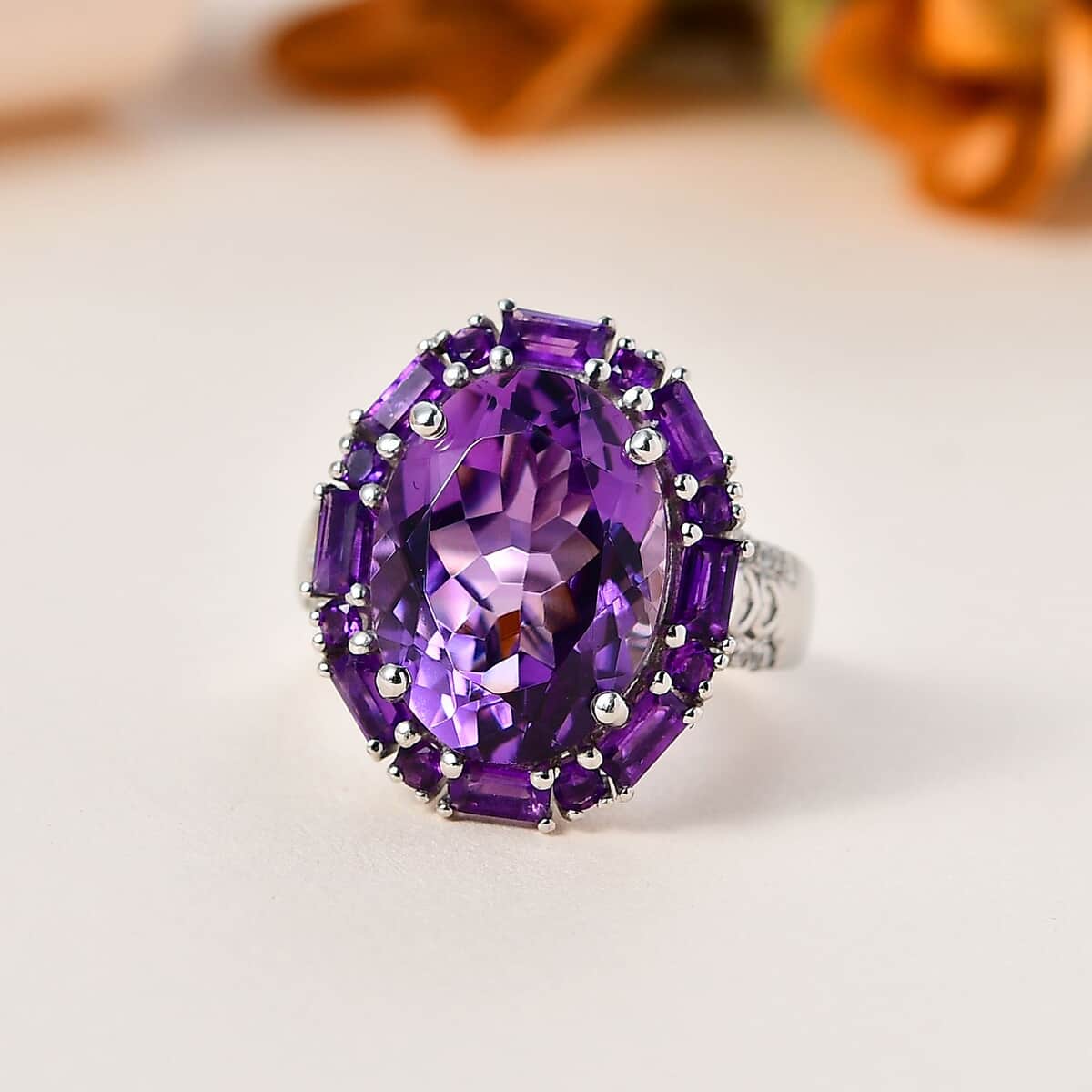 African Amethyst and White Zircon 10.75 ctw Halo Ring in Platinum Over Sterling Silver (Size 9.0) image number 1