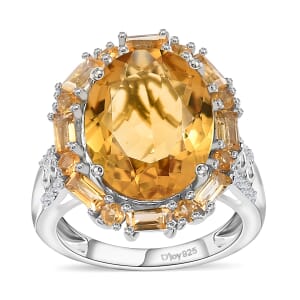 Brazilian Citrine and White Zircon Halo Ring in Platinum Over Sterling Silver (Size 7.0) 10.65 ctw