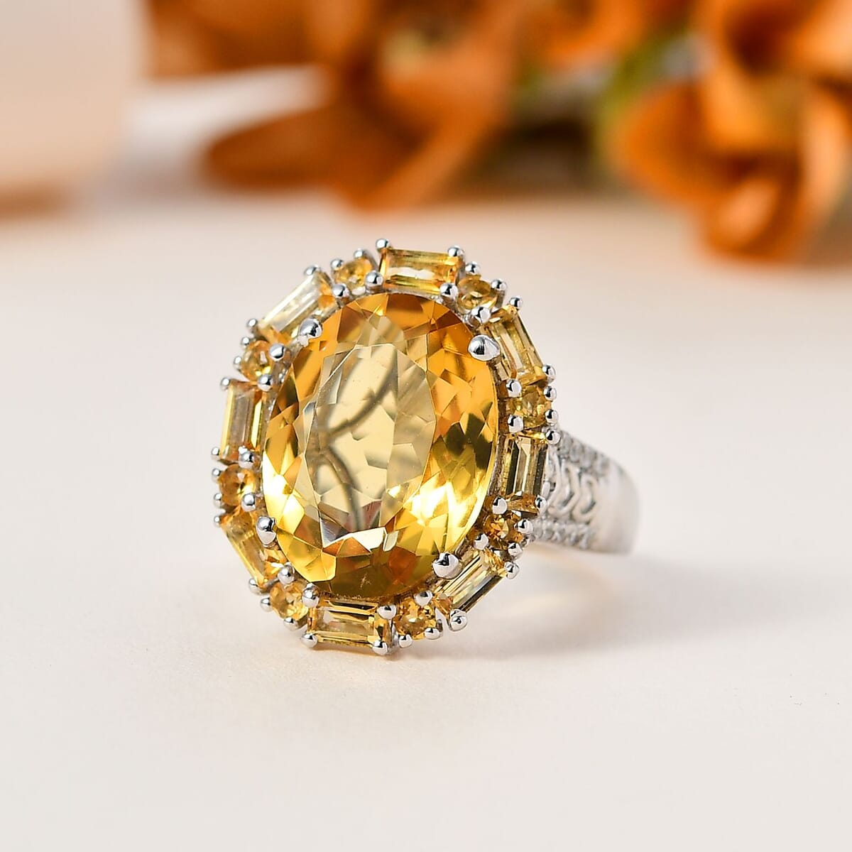 Brazilian Citrine and White Zircon Halo Ring in Platinum Over Sterling Silver (Size 7.0) 10.65 ctw image number 1