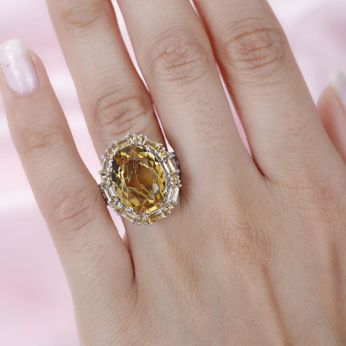 Brazilian Citrine and White Zircon Halo Ring in Platinum Over Sterling Silver (Size 7.0) 10.65 ctw image number 2