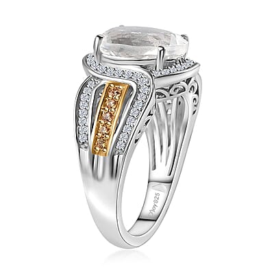 Mexican Hyalite Opal and Multi Gemstone Halo Ring in Vermeil YG and Platinum Over Sterling Silver (Size 10.0) with Free UV Flash Light 3.40 ctw