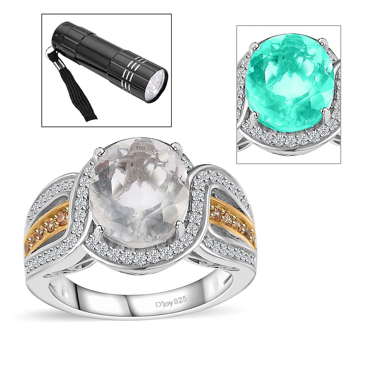 Mexican Hyalite Opal and Multi Gemstone Halo Ring in Vermeil YG and Platinum Over Sterling Silver (Size 7.0) with Free UV Flash Light 3.40 ctw image number 0