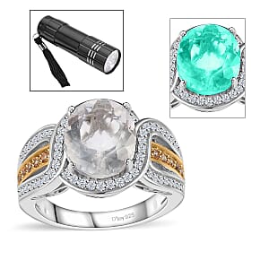 Mexican Hyalite Opal and Multi Gemstone Halo Ring in Vermeil YG and Platinum Over Sterling Silver (Size 7.0) with Free UV Flash Light 3.40 ctw