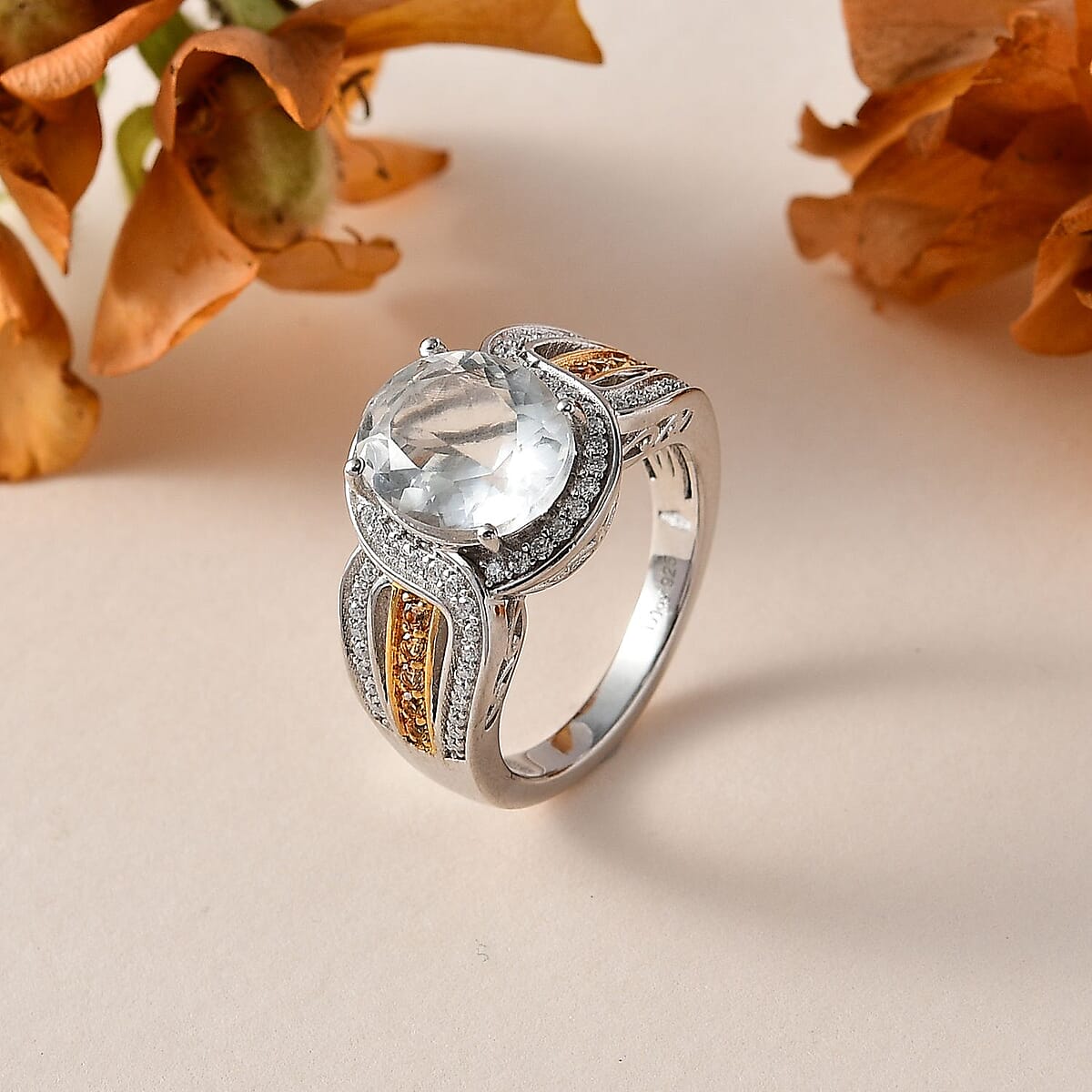 Mexican Hyalite Opal and Multi Gemstone Halo Ring in Vermeil YG and Platinum Over Sterling Silver (Size 7.0) with Free UV Flash Light 3.40 ctw image number 1
