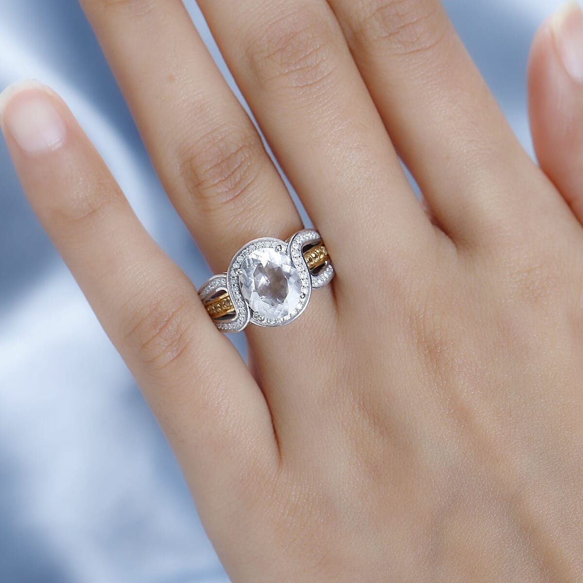 Mexican Hyalite Opal and Multi Gemstone Halo Ring in Vermeil YG and Platinum Over Sterling Silver (Size 7.0) with Free UV Flash Light 3.40 ctw image number 2