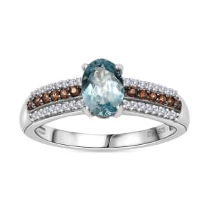 Aqua Kyanite, Brown and White Zircon Ring in Platinum Over Sterling Silver (Size 10.0) 1.30 ctw