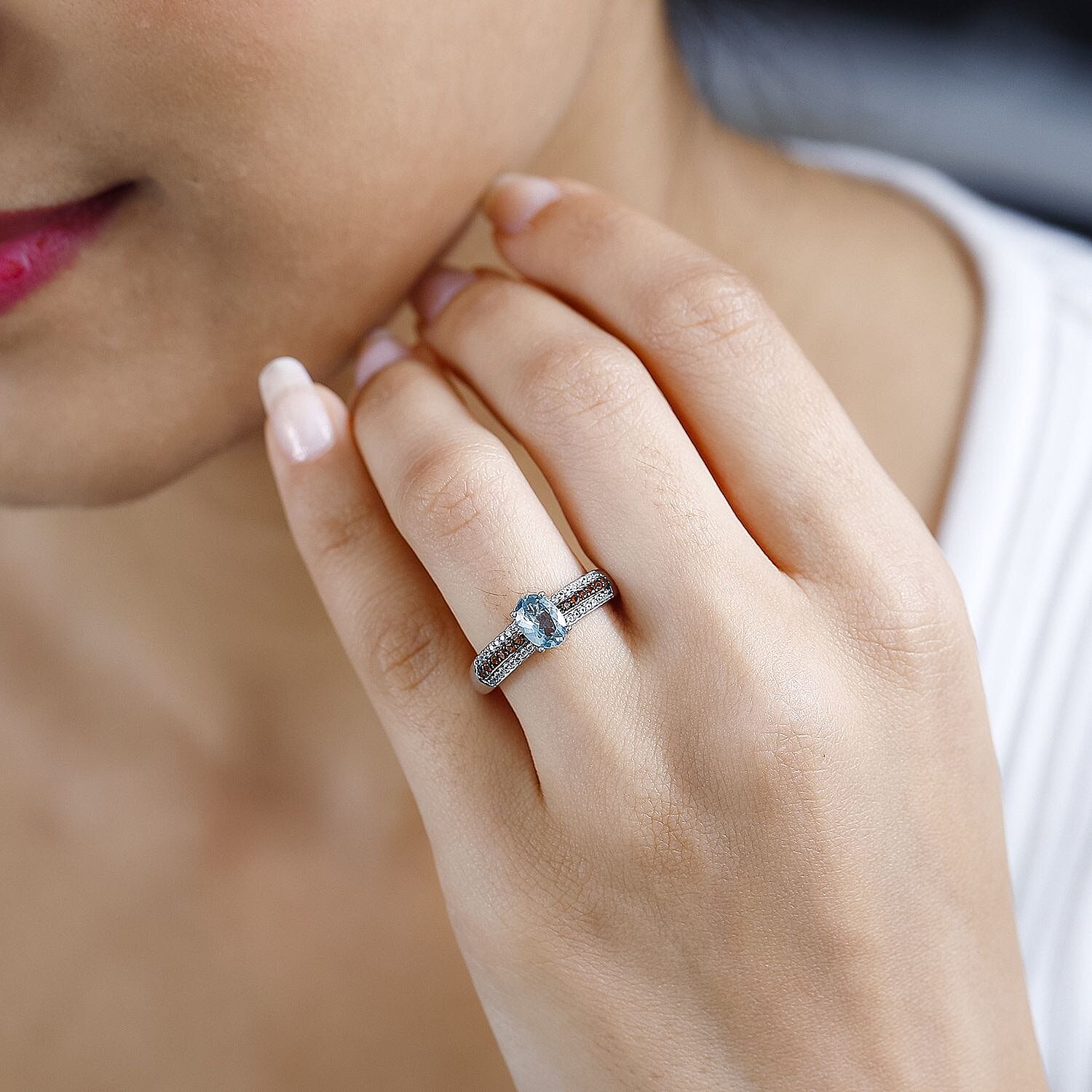 Aqua Kyanite, Brown and White Zircon Ring in Platinum Over Sterling Silver (Size 10.0) 1.30 ctw