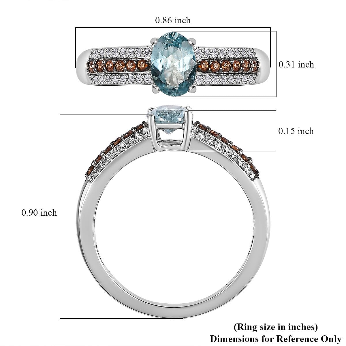 Aqua Kyanite, Brown and White Zircon Ring in Platinum Over Sterling Silver (Size 10.0) 1.30 ctw