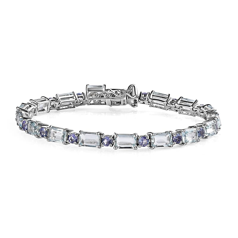 Premium Mangoro Aquamarine and Tanzanite Bracelet in Platinum Over Sterling Silver (6.50 In) 11.40 ctw