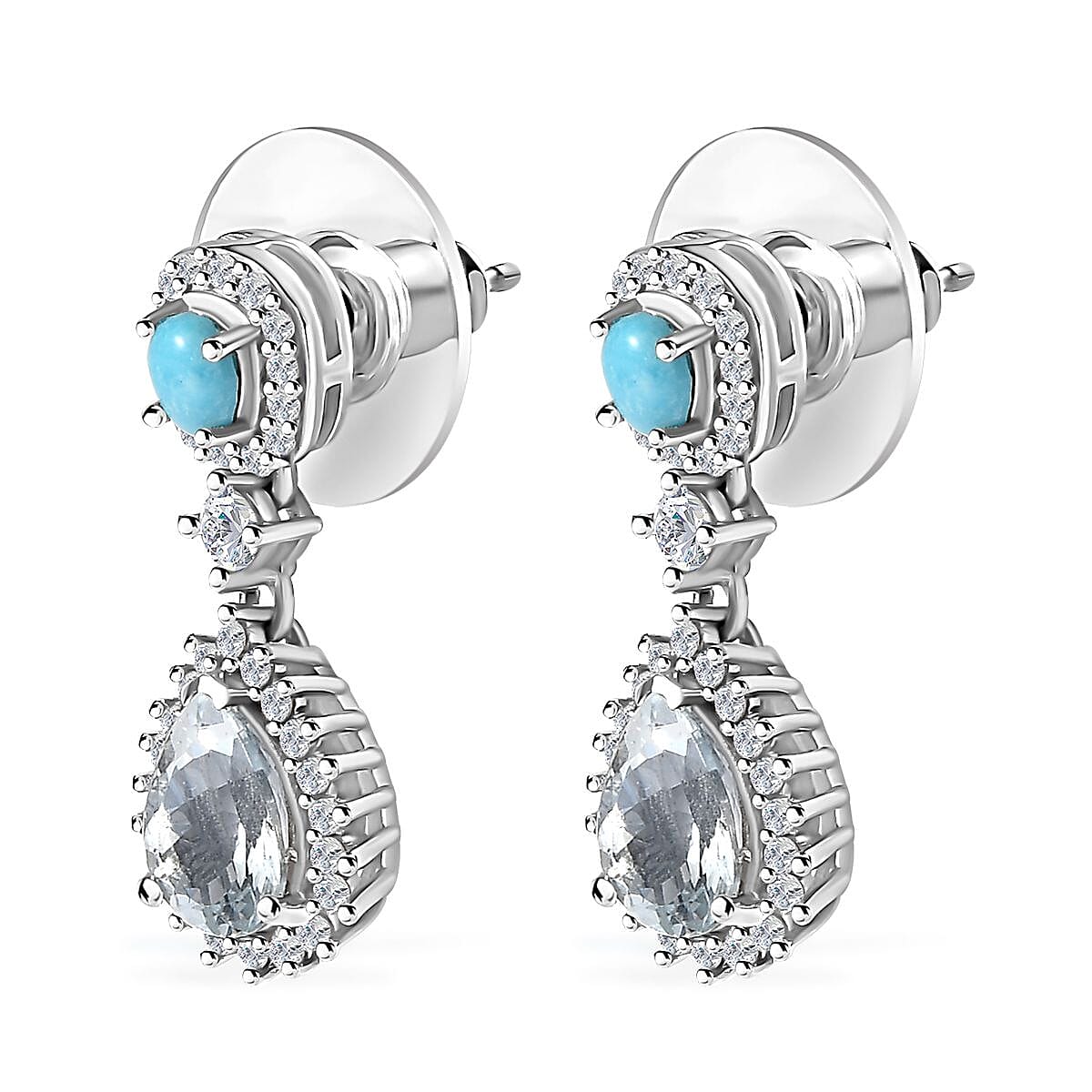 Premium Mangoro Aquamarine and Multi Gemstone Dangling Earrings in Platinum Over Sterling Silver 3.10 ctw