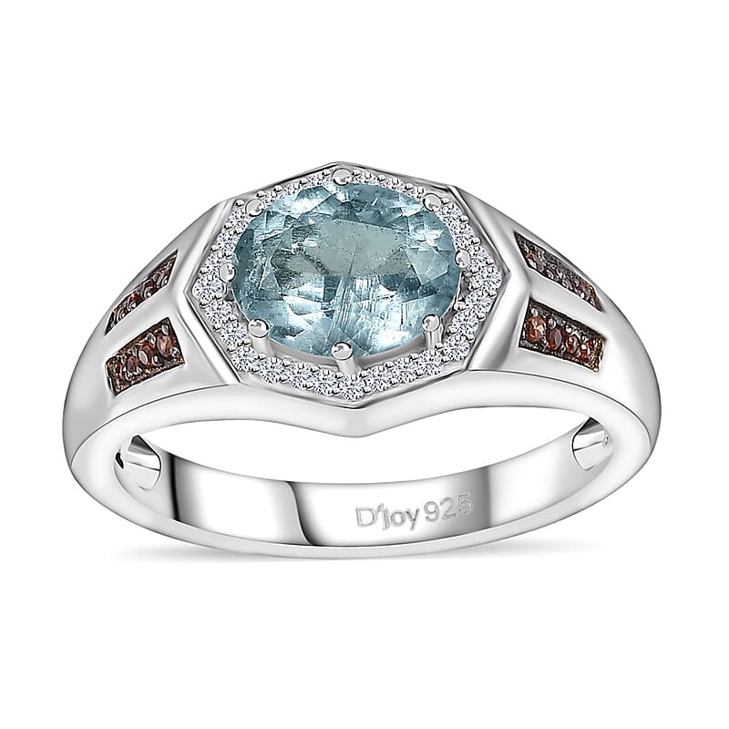 Premium Aqua Kyanite, Brown and White Zircon Men's Ring in Platinum Over Sterling Silver (Size 10.0) 2.35 ctw