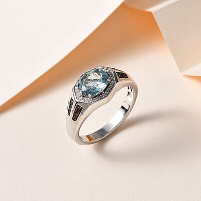 Premium Aqua Kyanite, Brown and White Zircon Men's Ring in Platinum Over Sterling Silver (Size 10.0) 2.35 ctw