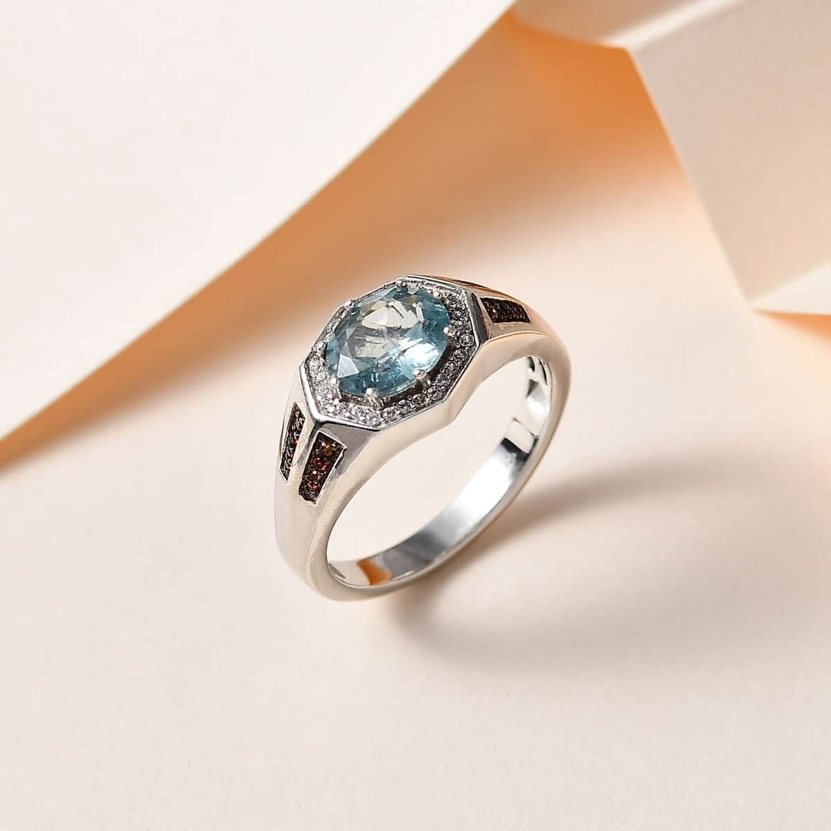 Premium Aqua Kyanite, Brown and White Zircon Men's Ring in Platinum Over Sterling Silver (Size 10.0) 2.35 ctw image number 1