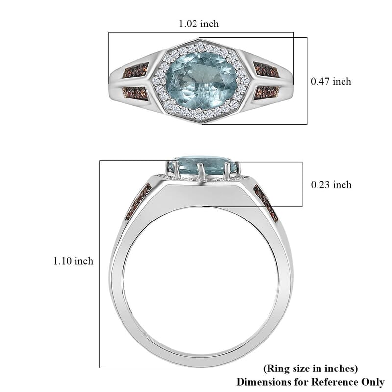 Premium Aqua Kyanite, Brown and White Zircon Men's Ring in Platinum Over Sterling Silver (Size 10.0) 2.35 ctw