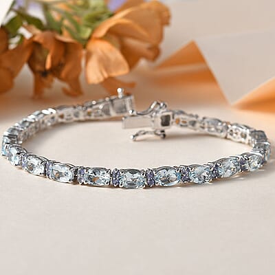 Premium Mangoro Aquamarine and Tanzanite Bracelet in Platinum Over Sterling Silver (6.50 In) 8.40 ctw