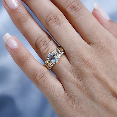 Premium Mangoro Aquamarine and White Zircon Ring in Vermeil Yellow Gold Over Sterling Silver (Size 6.0) 2.40 ctw