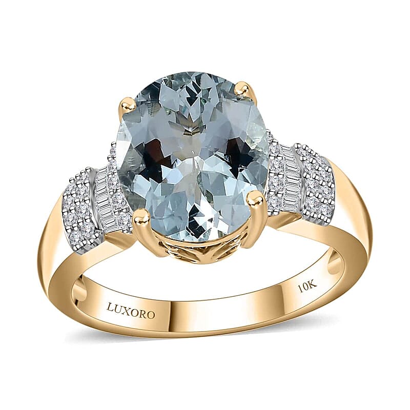 Luxoro 10K Yellow Gold Premium Mangoro Aquamarine and G-H I2 Diamond Ring (Size 6.0) 4.30 Grams 3.30 ctw