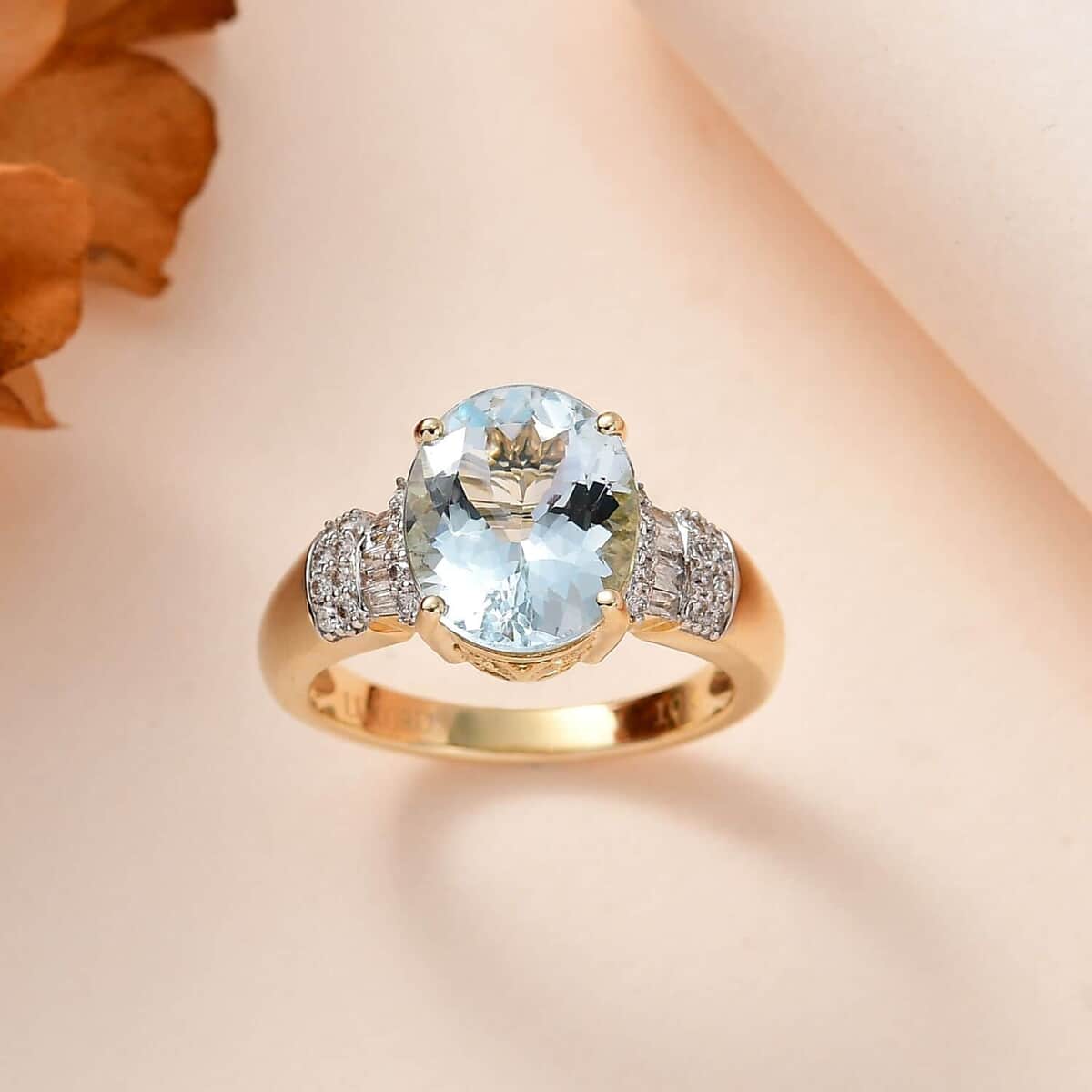 Luxoro 10K Yellow Gold Premium Mangoro Aquamarine and G-H I2 Diamond Ring (Size 6.0) 4.30 Grams 3.30 ctw image number 1