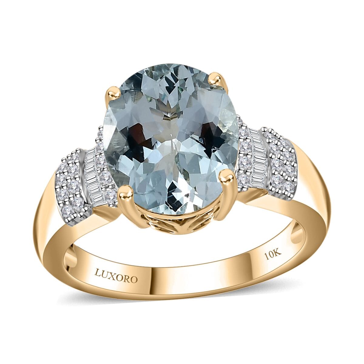 Luxoro 10K Yellow Gold Premium Mangoro Aquamarine and G-H I2 Diamond Ring (Size 7.0) 4.30 Grams 3.30 ctw image number 0