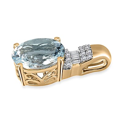 Luxoro 10K Yellow Gold Premium Mangoro Aquamarine and G-H I2 Diamond Pendant 3.15 ctw