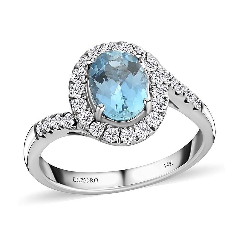 Luxoro 14K White Gold AAA Santa Maria Aquamarine and G-H I2 Diamond Ring (Size 7.0) 4.10 Grams 1.50 ctw