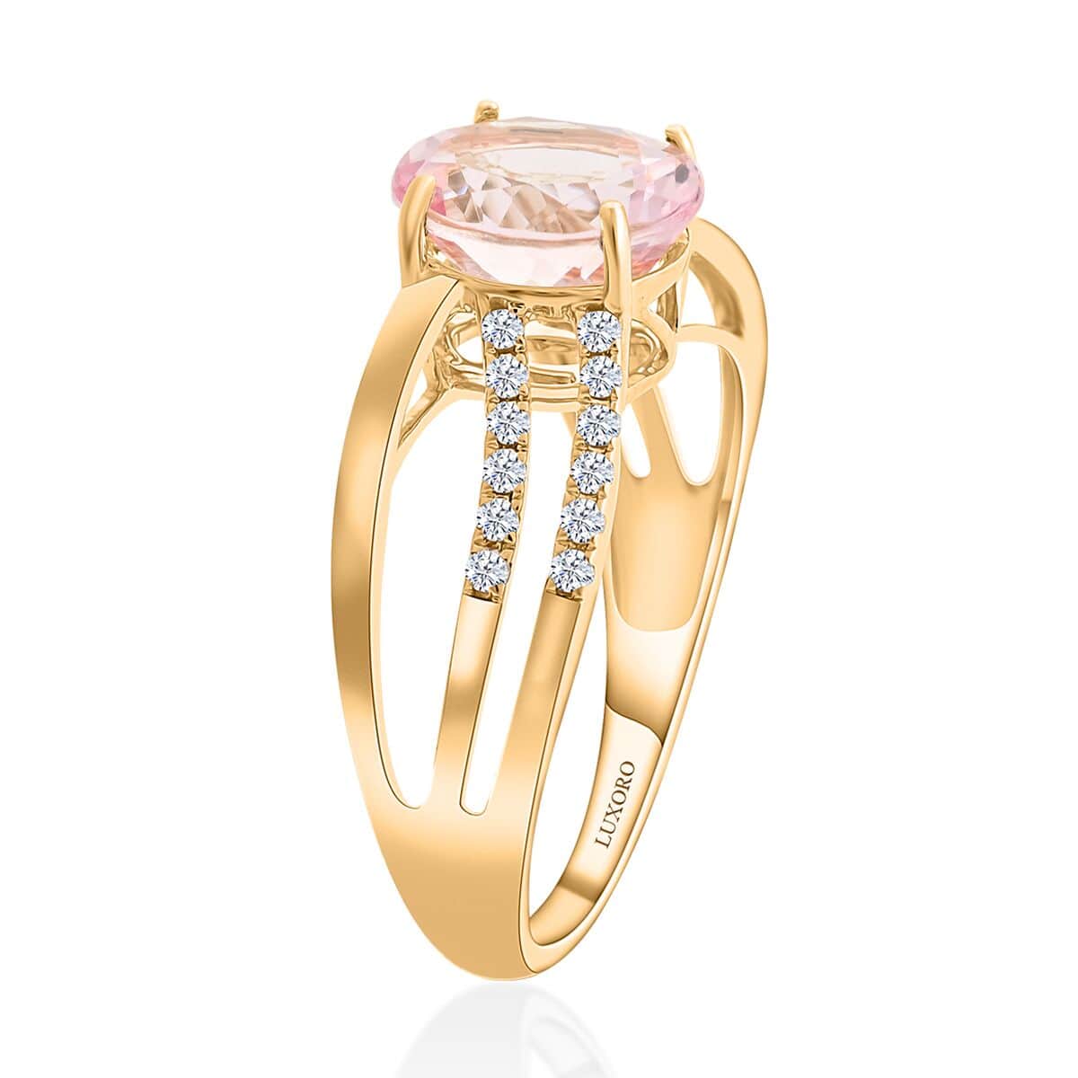 Luxoro AAA Palmeiras Pink Morganite and G-H I2 Diamond 1.90 ctw Ring in 14K Yellow Gold (Size 6.0) image number 3