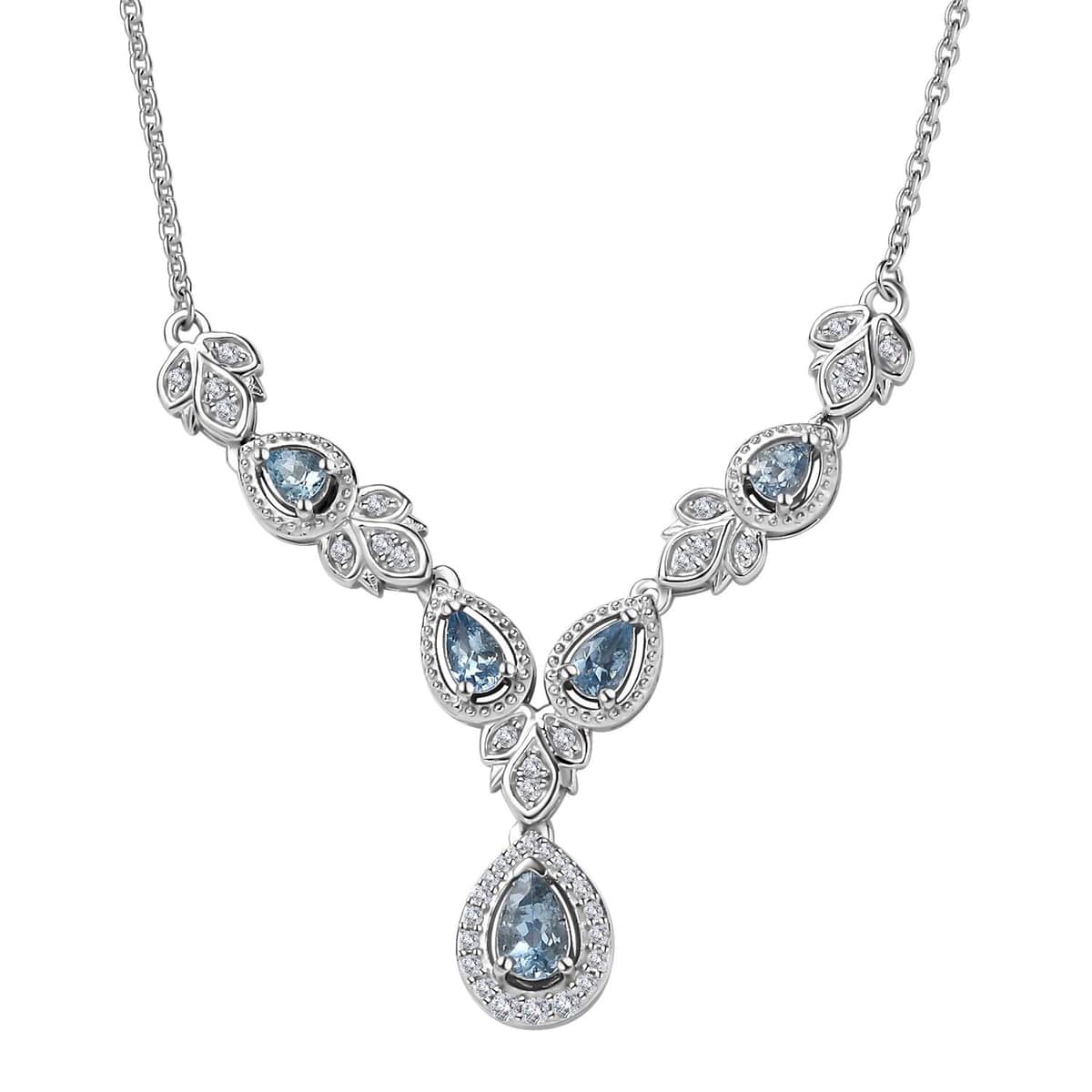 Santa Maria Aquamarine and White Zircon Halo Necklace 18-20 Inches in Platinum Over Sterling Silver 1.35 ctw image number 0