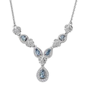 Santa Maria Aquamarine and White Zircon Halo Necklace 18-20 Inches in Platinum Over Sterling Silver 1.35 ctw