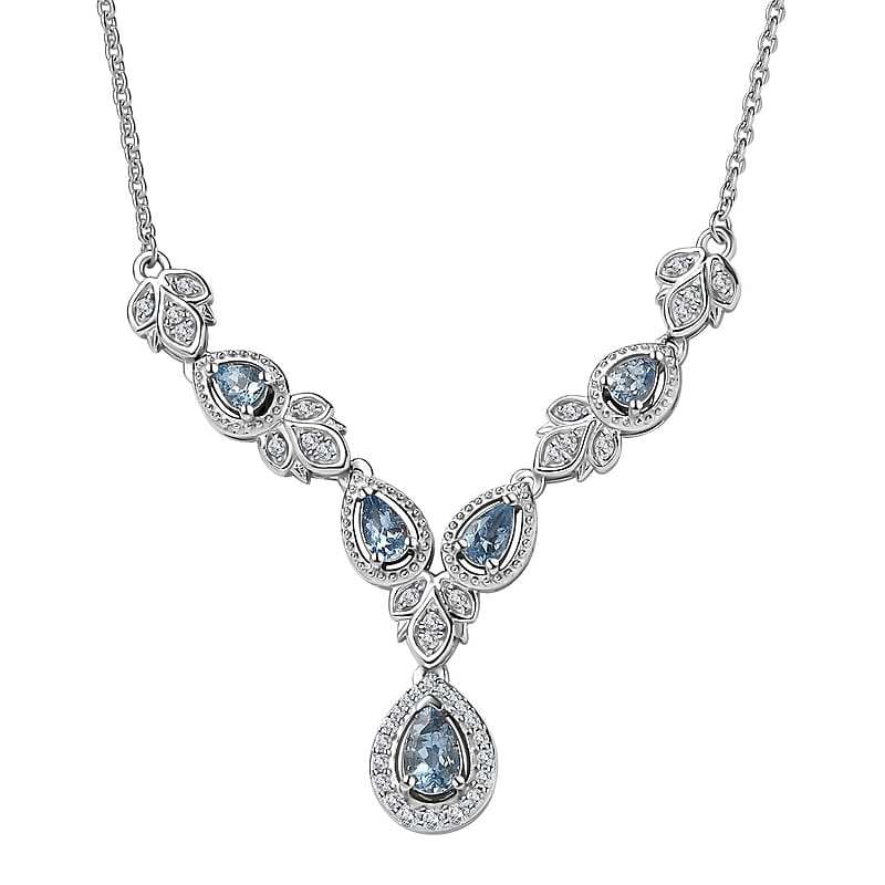 Santa Maria Aquamarine and White Zircon Halo Necklace 18-20 Inches in Platinum Over Sterling Silver 1.35 ctw