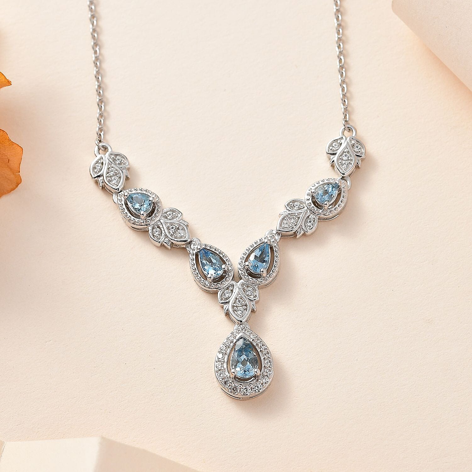 Santa Maria Aquamarine and White Zircon Halo Necklace 18-20 Inches in Platinum Over Sterling Silver 1.35 ctw